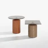 Exceptional Potocco Hishi side table with light beige ceramic base and smoky gray bronzed glass top