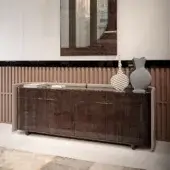 Exceptional Turri Eclipse sideboard with grooved dark brown leather doors and hand-decorated wooden structure