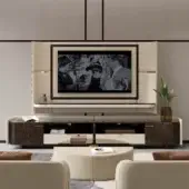 Distinctive Turri Eclipse TV stand with a curved cream leather shell and glossy lacquered wood, crafted with gold accents and a hand-decorated finish
