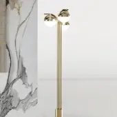 Innovative Turri Eclipse floor lamp with satin metal, curved arms supporting opaque white glass spheres and stylish leather straps in glossy golden finish