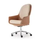Distinguished Turri Echo armchair with smooth brown leather upholstery and woven beige textile complemented by a polished metal five-star base