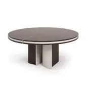 Innovative Turri Eclipse table with a round dark matte wood tabletop and grooved wood base featuring light beige leather inserts