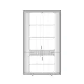 Tall rectangular cabinet, wood grain texture, symmetrical design with two sections, horizontal shelf, cylindrical feet, minimalist style.