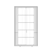 Tall cabinet technical drawing, white background, symmetrical design, four door panels, rectangular sections, cylindrical feet, minimalist.