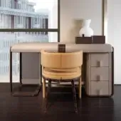 Superior Turri Eclipse desk with a curved dark brown glossy wooden structure and gray leather accents