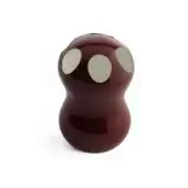 Red polyethylene sculpture, rounded form, gray eyes, smiling mouth, high-gloss finish by horm, zontik design, studio lighting.