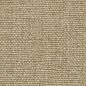 Washed linen textile sample, neutral beige tone, dense grid weave with visible fibers and a matte, slightly distressed surface texture.