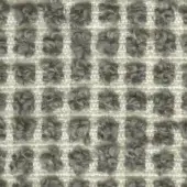 Textural grid pattern with light beige and gray tones, featuring looped pile rectangles creating a coarse, nubby, geometric textile surface.