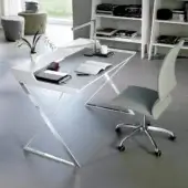 Refined Cattelan Italia Qwerty desk with geometric form and crossing legs in polished stainless steel with graphite embossed MDF tabletop