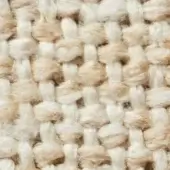 Woven textile sample, off-white and tan yarns, coarse grid pattern with visible knots, natural fiber texture, matte finish, product code imprint.