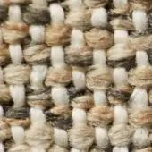 Woven fabric texture with creamy white, warm tan, and dark gray yarns in an irregular, linear pattern with knotted intersections.