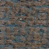 Textured fabric swatch with repeating brown and tan irregular shapes on a dark blue grid, showing a woven, nubby pile texture.