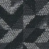 Woven gray fabric texture features repeating geometric starburst motifs in white and light gray, with subtle vertical ribbing.