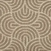 Woven texture sample, beige and cream tones, curvilinear pattern with metallic highlights and grid structure, stylized floral motifs.