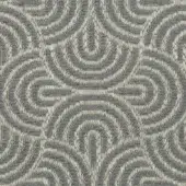 Woven fabric texture, gray and off-white, features repeating curvilinear motifs in a looping, floral-wave pattern with subtle sheen.