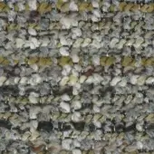 Woven tweed texture displaying gray, mustard, and beige tones with a grid pattern and nubby, looped fiber construction.
