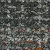 Textured fabric swatch in charcoal gray with beige, tan, and orange accents displays a looped, knotted fiber pattern.