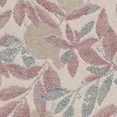 Textile pattern with stylized red and teal foliage on cream, featuring linear striped leaves and circular shapes, woven with a textured effect.