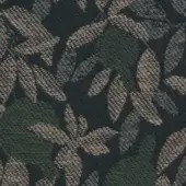 Woven textile pattern with stylized leaf shapes in muted greens, grays, and tan, featuring red and gray edges; torrilana 810 030.