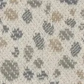 Cream textile pattern with repeating gray, olive, and tan geometric shapes resembling abstract leaves in a dense, textured weave.