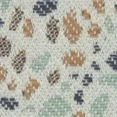 Geometric textile pattern in navy, orange, and sage on off-white, featuring a dense weave and irregular diamond-hexagonal shapes; torrilana 812 036.