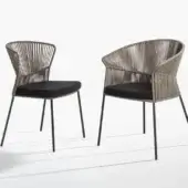Distinguished Potocco Ola armchair with hand-woven ribbon backrest and dark textile cushion, built with slender metal rod legs