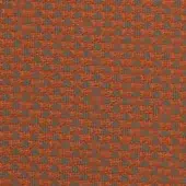 Textile sample with repeating orange circles on a brownish-gray grid, displaying a tight weave and textured surface; labeled “horm > outdoor flukso clouds openair > 409 openair.”