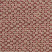 Coral-red textile sample features a grid of circular perforations woven into a light beige fabric, with product text visible along the edge.