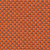 Woven fabric texture with repeating square pattern in orange and gray, displaying a tight grid structure and manufacturer text.