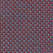 Red and teal checkerboard textile sample with a dense weave, coarse texture, and grid-like pattern; Vescom Samar 7052 45.