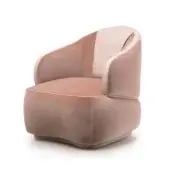 Velvet armchair, dusty rose and beige leather, curved back and rounded seat, studio shot on white background.