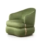 Olive-green velvet armchair, model B, with rounded high back, flared arms, and tan leather band secured by gold buckles; studio shot.