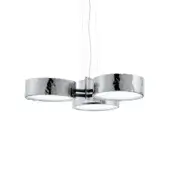 Pendant light, chrome finish, three-tiered circular shades with hammered metal texture and rectangular central housing.