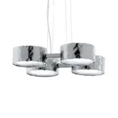 Chandelier, brushed silver-toned metal, four circular hammered shades suspended by clear cables, emitting bright white light, minimalist design.