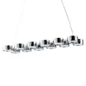 Chandelier, chrome finish, ten tiered circular shades suspended on wires, minimalist linear design, studio product shot, white background.