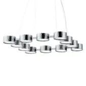 Chandelier, silver metal, ten staggered cylindrical shades suspended by wires with dark metal connectors, white interior, studio shot.