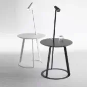 Distinctive Horm Albino Torcia side table with a white metal structure and detachable wooden tray supporting a magnetic LED torch