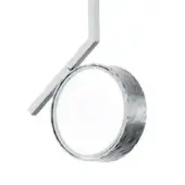 Track spotlight, silver hammered metal, cylindrical head with adjustable joint on rectangular track, white reflective interior.