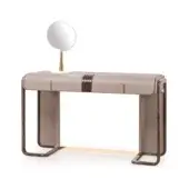 Distinctive Turri Eclipse vanity with rounded volumes, light beige leather and glossy lacquered wood, accented with light gold metal details