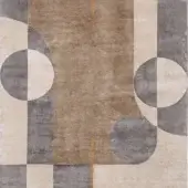 Rugiano Eclipse Circles rug, brownish-gray textured field, amber lines, dark gray and beige geometric half-circles and rectangles.