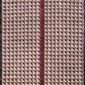 Rug, wool blend, geometric squares in beige, dark gray, and burgundy with vertical bands, dense weave, studio lighting.