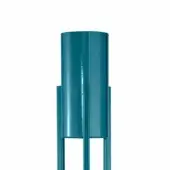 Teal cylindrical pedestal with stepped design, metallic sheen, and three rectangular supports on a white background.