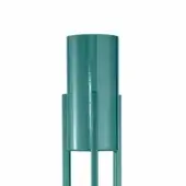 Metal fence section teal green, cylindrical top, rectangular element, square base, vertical supports, glossy finish, studio shot.