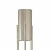 Cylindrical lamp, brushed gold metal, with stepped rectangular supports and a smooth reflective surface in a studio setting.