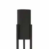 Wall sconce, matte black fabric, cylindrical shade with metal framework; minimalist geometric design, vertical bars, rectangular supports.