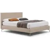 Metropolitan bed base, beige linen upholstery, rectangular headboard, brushed metal legs, white bedding, gray and orange pillows.