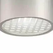 Recessed ceiling light, brushed silver metal, circular with white slatted cylindrical diffuser, minimalist modern design, studio product shot.