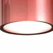 Recessed ceiling light, white frosted glass, circular design with black ring, set against a reddish-pink reflective background.