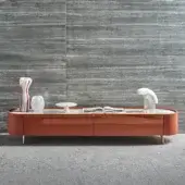 Distinctive Turri Roma TV stand with curved silhouette, glossy lacquered orange and leather accents with a marble top and metal feet