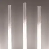 Glass cylinder lights against gray wall, diffused illumination, transparent tubes with frosted lower sections, minimalist vertical arrangement.